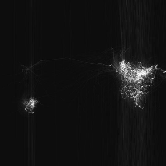 A small, tangled mass of white-hot electricity floats on a black void. A much larger electric mass floats opposite. A branch of its energy reaches out across the gap between them.
