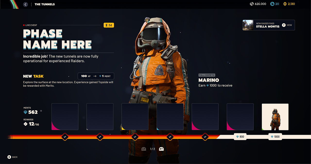The final Figma mockup of Phase Two. It is almost identical to the Variant B sketch, with some additional small details explaining the exchange range for Experience Points to Merits and the full description of the focused reward item