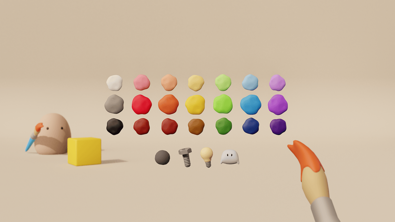 Color picker layout showing a horizontal row of core hue paint blobs, each with 1 tint blob above and 1 shade blob below. A row of 4 material buttons is positioned beneath the hues.