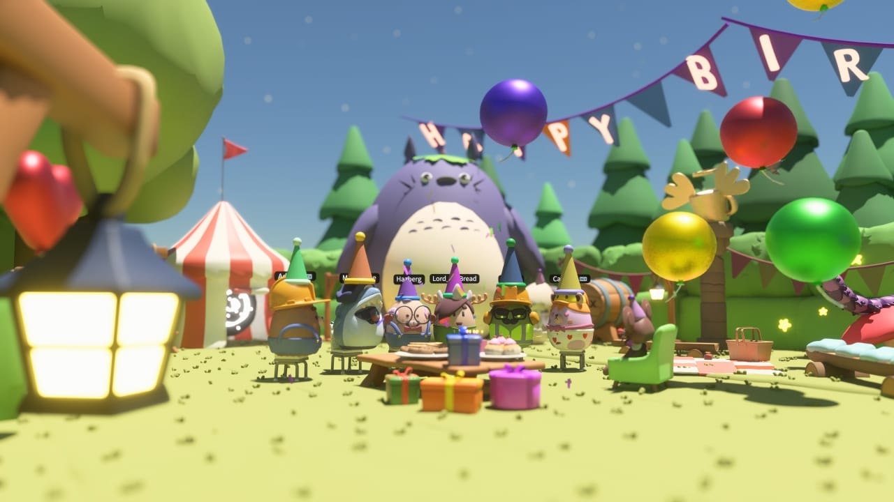 A group of friends in the game wearing party hats and sitting around a table with cake and presents. The surrounding area is decorated with balloons and other party decorations.